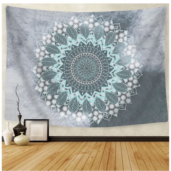 Grey/Teal Mandala Floral Leaf Boho Indie Tapestry/Blanket - Picture 8 of 8